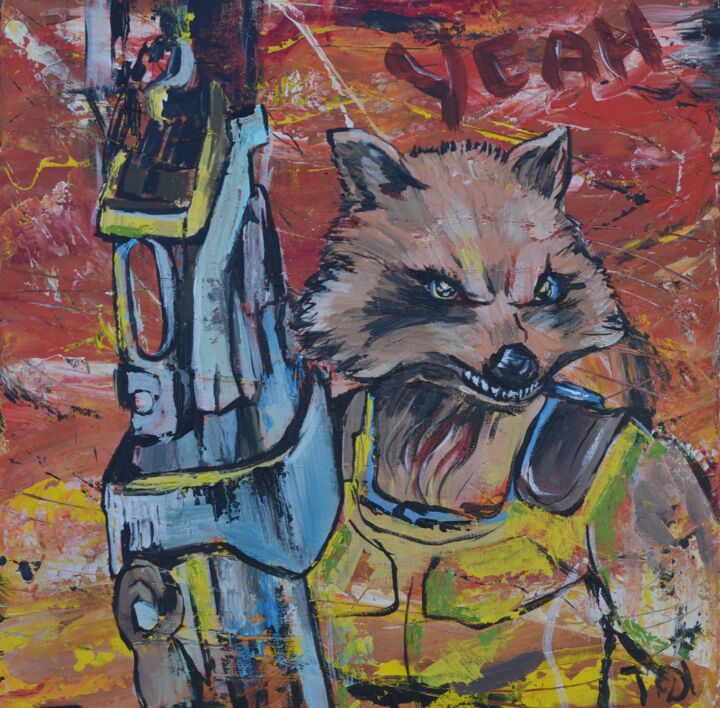 Painting titled "rocket raccon" by Dina Telesheva, Original Artwork, Acrylic Mounted on Cardboard