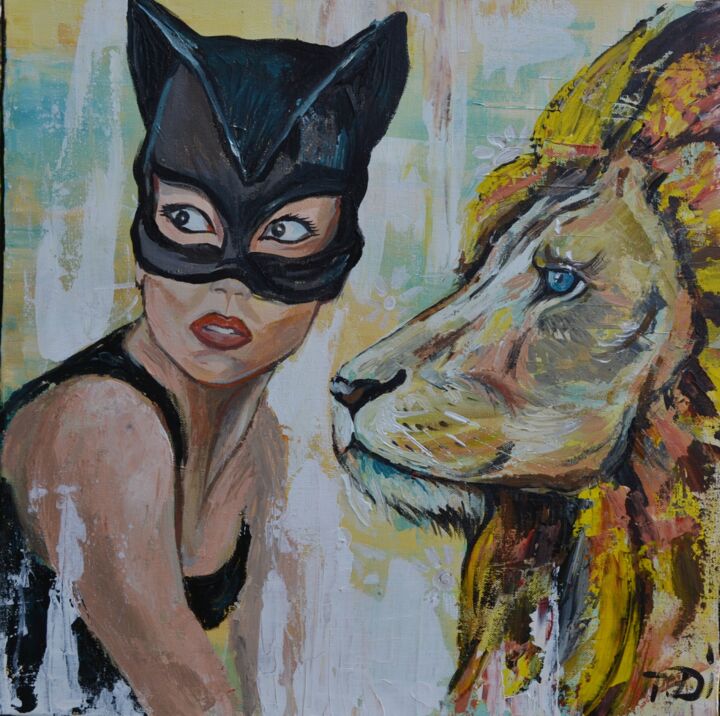 Painting titled "Lion and catwoman" by Dina Telesheva, Original Artwork, Acrylic Mounted on Wood Stretcher frame