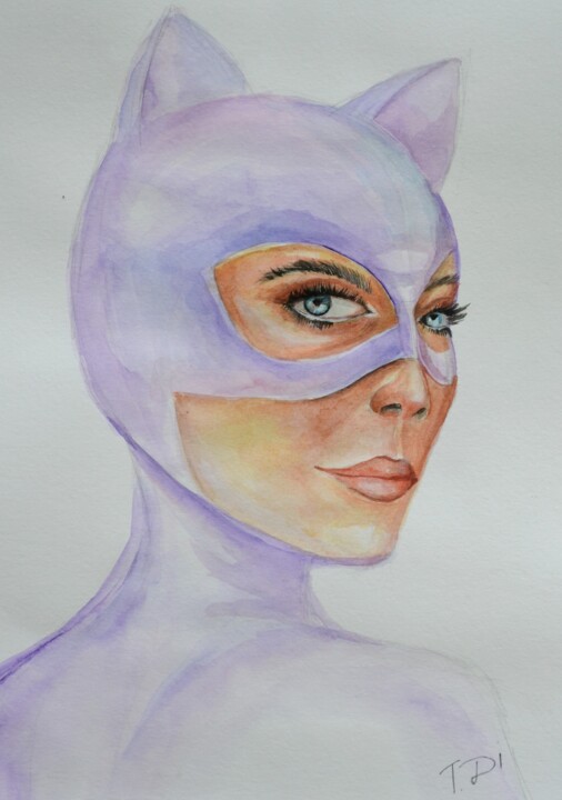Schilderij getiteld "catwoman on paper" door Dina Telesheva, Origineel Kunstwerk, Aquarel