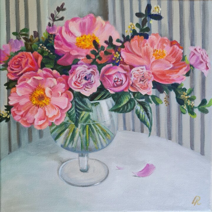 Картина под названием "Flowers in a vase" - Dinara Kalashnikova, Подлинное произведение искусства, Масло