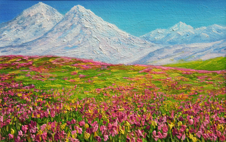 Painting titled "Flowery meadow" by Dinara Aristo, Original Artwork, Oil