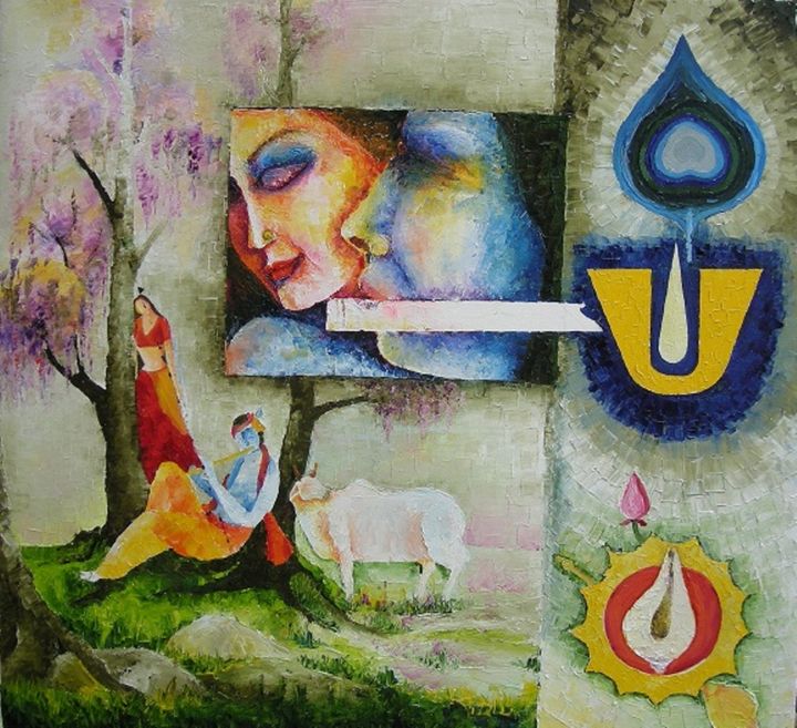 Painting titled "Call of the flute-…" by Dinesh Thakur D.C.Thakur, Original Artwork, Oil