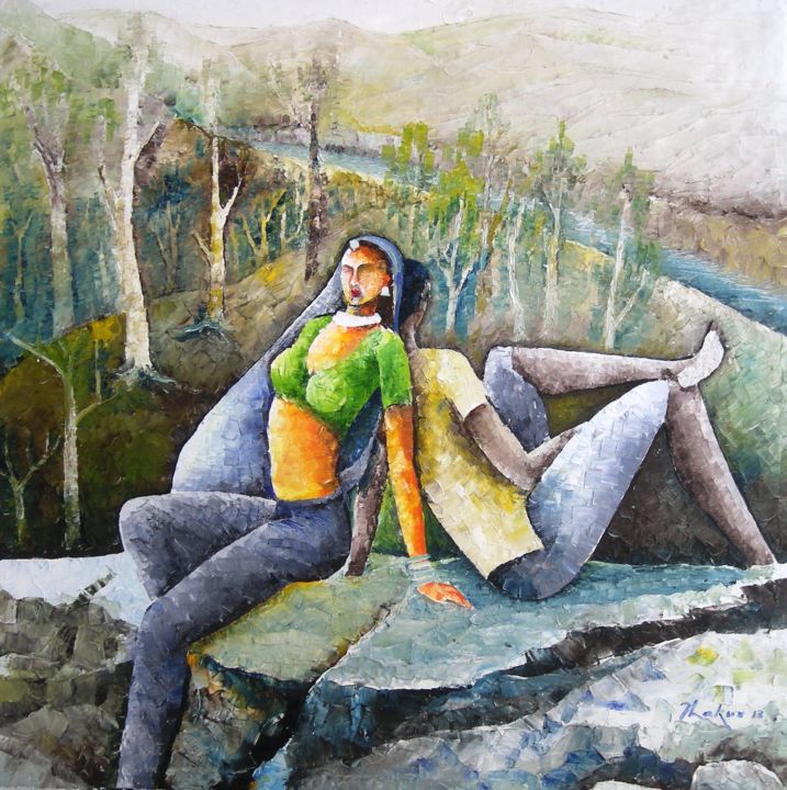 Картина под названием "Call of the  flute…" - Dinesh Thakur D.C.Thakur, Подлинное произведение искусства, Масло