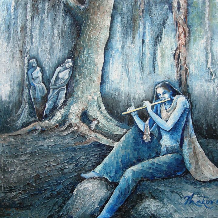 Painting titled "call-of-the-flute-8…" by Dinesh Thakur D.C.Thakur, Original Artwork, Oil