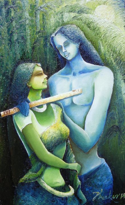 Painting titled "Call of the flute -…" by Dinesh Thakur D.C.Thakur, Original Artwork, Oil