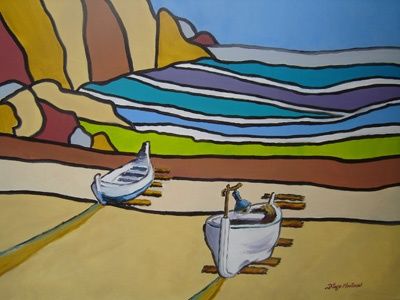 Картина под названием "Barcos na praia (bo…" - Diogo Mariscal, Подлинное произведение искусства, Масло Установлен на Деревян…