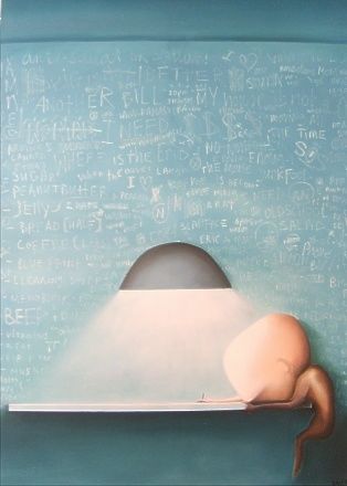 Schilderij getiteld "Student room blues" door Dion Van Zelst, Origineel Kunstwerk