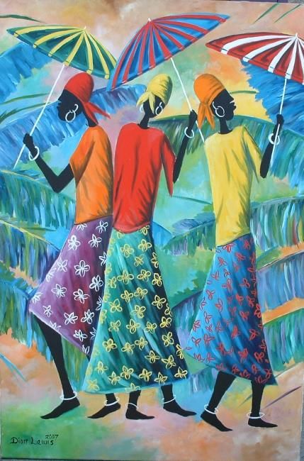 Painting titled "Umbrella Rain Dance" by Dion Lewis, Original Artwork, Oil