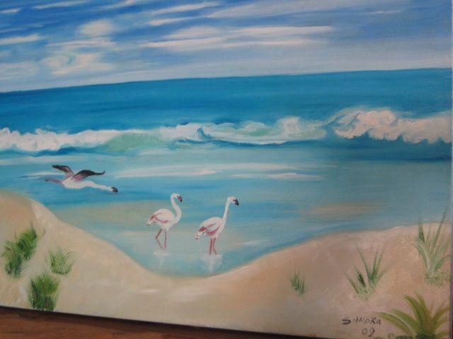 Pittura intitolato "spiaggia con fenoco…" da Sandra Orefice, Opera d'arte originale, Olio