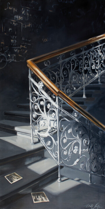 Painting titled "Story of the stairs" by Dita Lūse, Original Artwork, Oil Mounted on Wood Stretcher frame