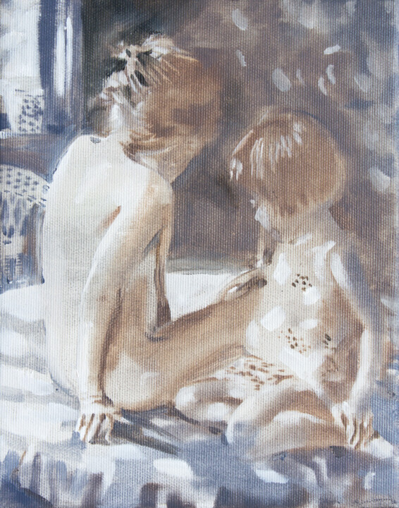 Painting titled "Sisters" by Dita Lūse, Original Artwork, Oil Mounted on Wood Stretcher frame
