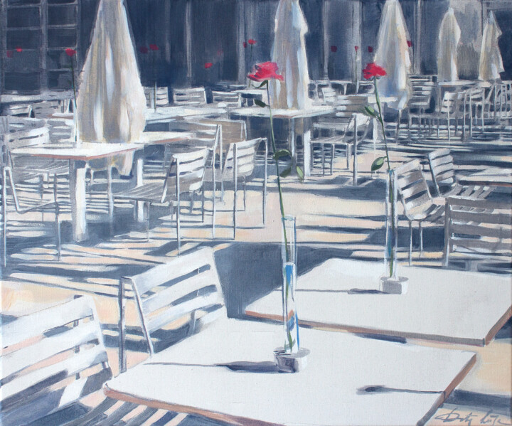 Painting titled "Parisian Cafe" by Dita Lūse, Original Artwork, Oil Mounted on Wood Stretcher frame