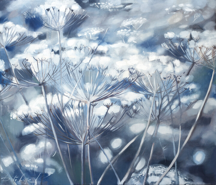 Painting titled "Blossoms of snow" by Dita Lūse, Original Artwork, Oil Mounted on Wood Stretcher frame