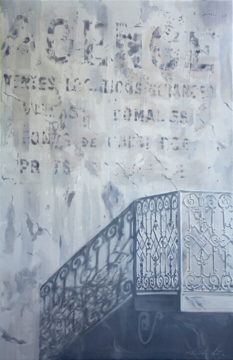 Painting titled "The old facade" by Dita Lūse, Original Artwork, Oil Mounted on Wood Stretcher frame