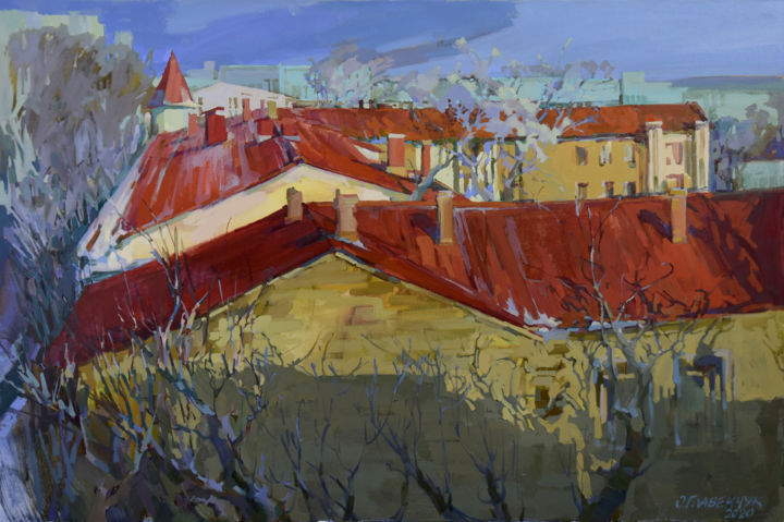 Painting titled "Odessa winter" by Elena Hlavenchuk, Original Artwork, Oil Mounted on Wood Stretcher frame