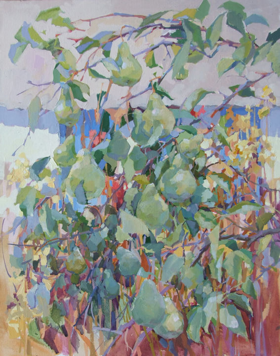 Painting titled "Midday pears" by Elena Hlavenchuk, Original Artwork, Oil Mounted on Wood Stretcher frame
