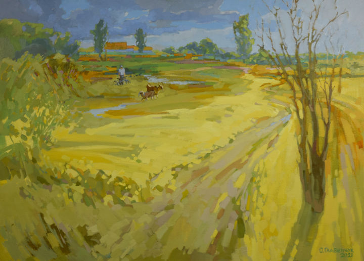 Painting titled "Outskirts" by Elena Hlavenchuk, Original Artwork, Oil Mounted on Wood Stretcher frame