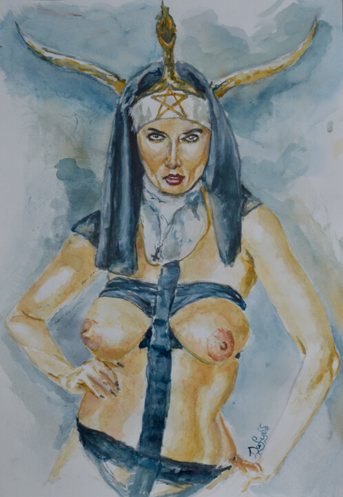 Painting titled "Evil Nun" by Diviciac, Original Artwork, Watercolor