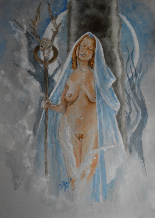 Картина под названием "Mystic Moon Druidess" - Diviciac, Подлинное произведение искусства, Акварель