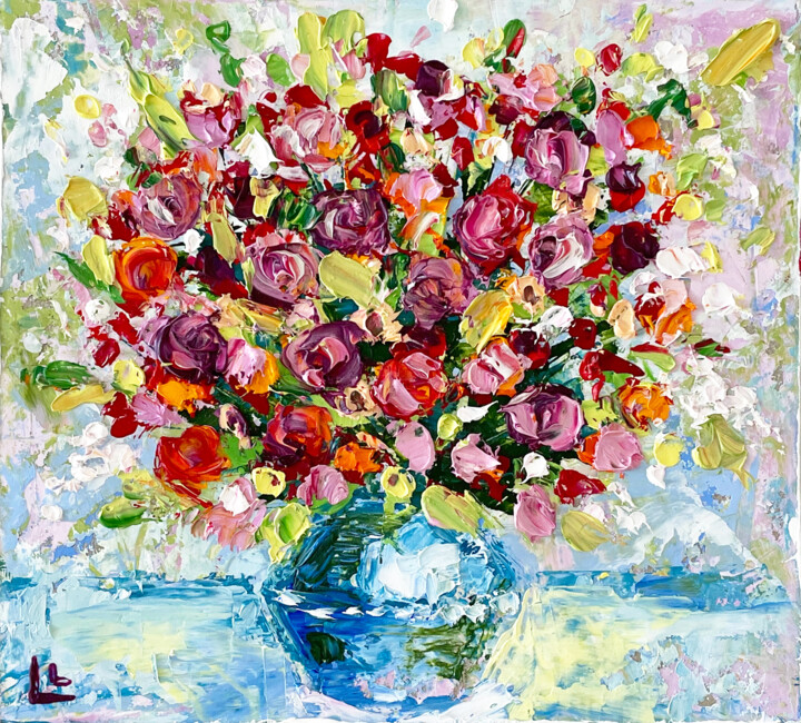 Painting titled "Roses in a vase, a…" by Dizlarka, Original Artwork, Oil Mounted on Cardboard