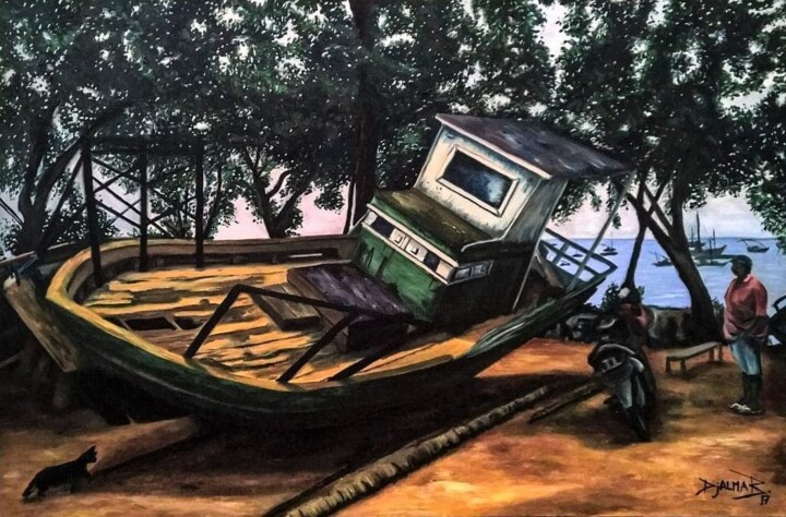 Painting titled "Boat at Beira-Mar" by Djalma Brochado, Original Artwork, Oil