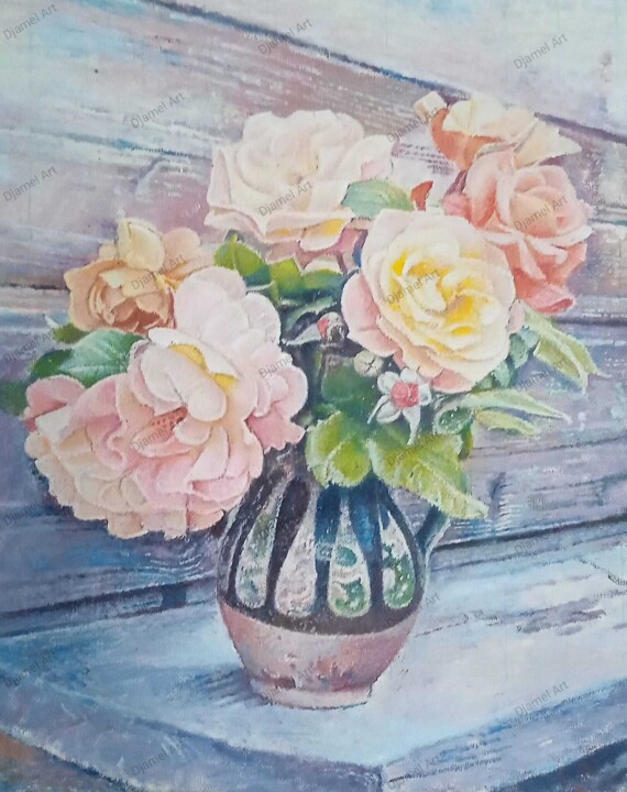 Pintura intitulada "bodegón de flores" por Djamel Baouali, Obras de arte originais, Óleo