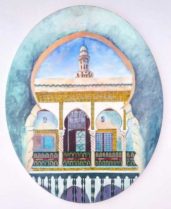 Painting titled "Dar Aziza and Minar…" by Djamel Eddine Mebrek, Original Artwork, Oil