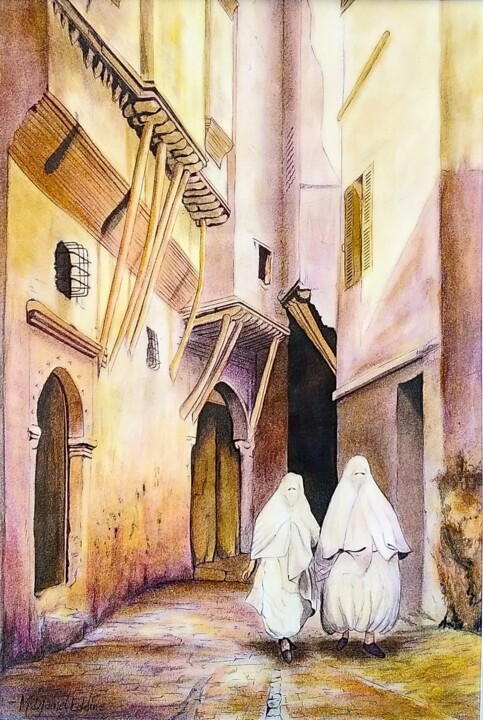 Pintura intitulada "The Red Sea Street…" por Djamel Eddine Mebrek, Obras de arte originais, Aquarela