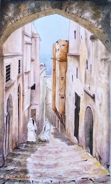 Pintura titulada "Ben Ali Street - El…" por Djamel Eddine Mebrek, Obra de arte original, Acuarela