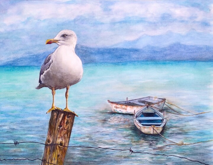 Malerei mit dem Titel "Seascape. / منظر بح…" von Djamel Eddine Mebrek, Original-Kunstwerk, Aquarell