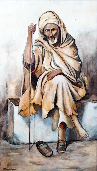 Painting titled "El Hadj The Algerian" by Djamel Eddine Mebrek, Original Artwork, Watercolor Mounted on Other rigid panel