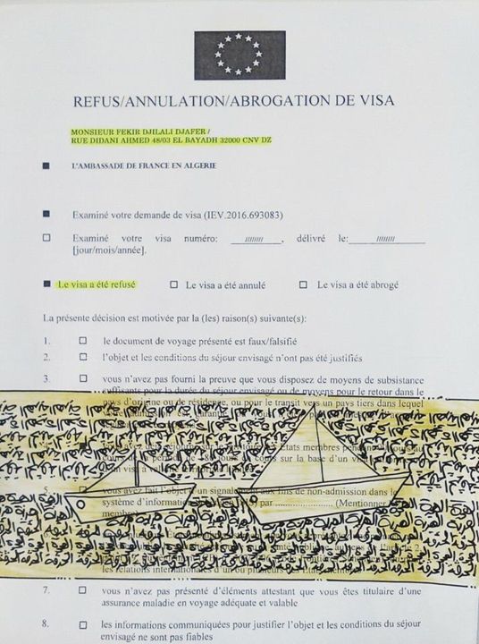 Pintura intitulada "Le visa a été refusé" por Fekir Djilali Djafer, Obras de arte originais, Tinta
