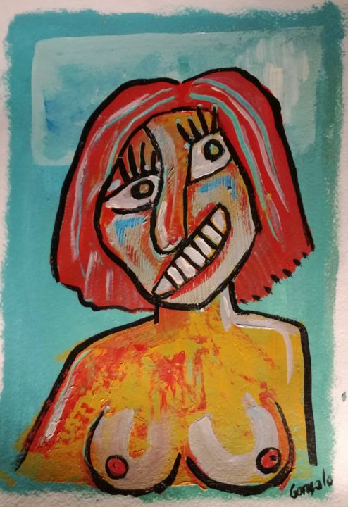 Painting titled "Red hair woman" by Gonçalo Vieira Gonçalves, Original Artwork, Acrylic
