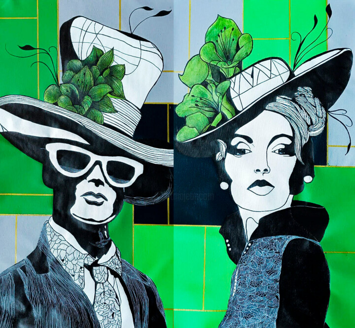 Painting titled "Green Couple" by Dla.Llera, Original Artwork, Acrylic