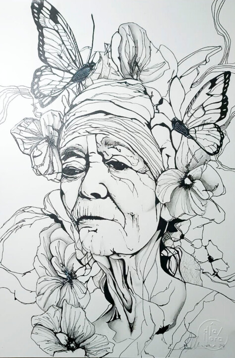 Painting titled "VERY OLD WOMAN" by Dla.Llera, Original Artwork, Ink
