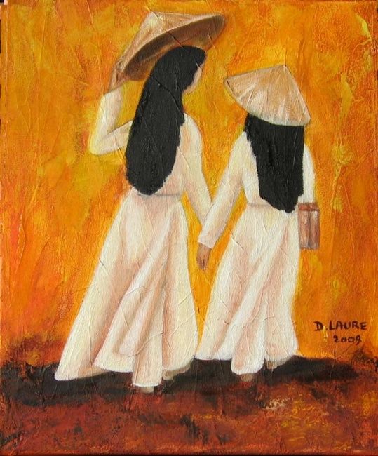 Painting titled "Lycéennes à Saïgon" by D Laure, Original Artwork, Oil