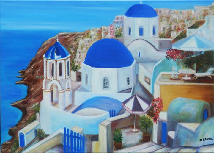 Painting titled "ile grecque" by D Laure, Original Artwork, Oil Mounted on Wood Stretcher frame