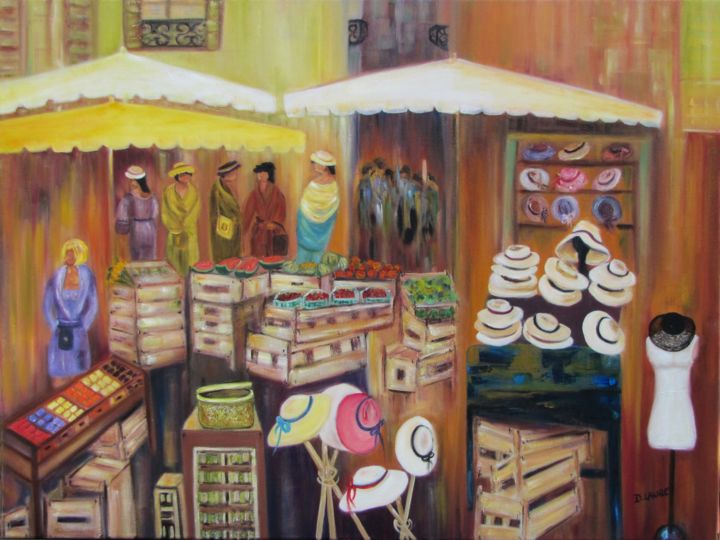 Painting titled "marché aux chapeaux" by D Laure, Original Artwork, Oil Mounted on Wood Stretcher frame