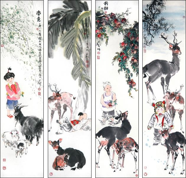 Painting titled "春夏秋冬四条屏（李延声作）" by Li Yan Sheng Li Yansheng, Original Artwork, Oil