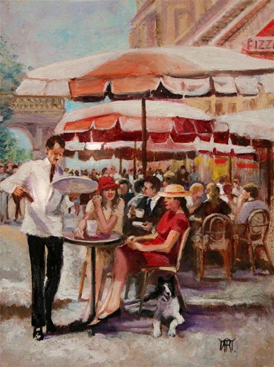 Painting titled ""Cafe on the Champs…" by Andre, Yary, & Peter Dluhos, Original Artwork, Oil