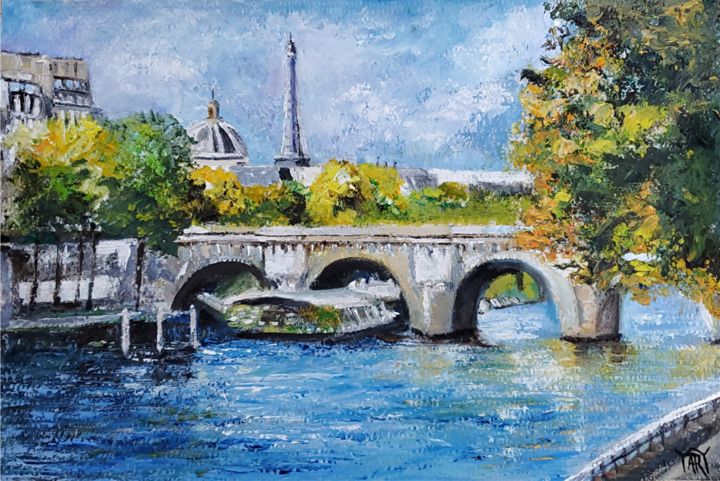 Painting titled ""On the Seine River…" by Andre, Yary, & Peter Dluhos, Original Artwork, Oil Mounted on Wood Panel