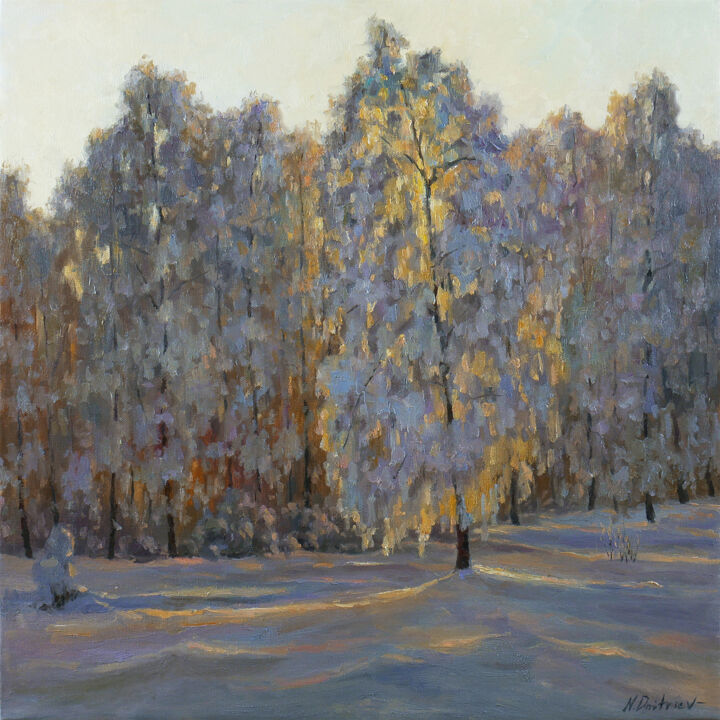 Painting titled "Winter Sunlight. Or…" by Nikolay Dmitriev, Original Artwork, Oil Mounted on Wood Stretcher frame