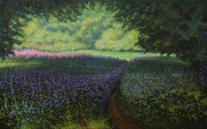 Painting titled "The Floral Path - s…" by Nikolay Dmitriev, Original Artwork, Oil Mounted on Wood Stretcher frame