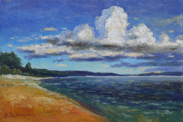 Painting titled "Clouds and Sea - se…" by Nikolay Dmitriev, Original Artwork, Oil Mounted on Wood Stretcher frame