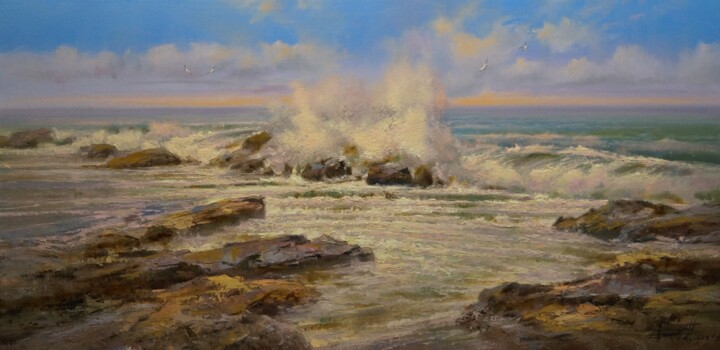 Картина под названием "Surf on stones" - Дмитрий Балахонов, Подлинное произведение искусства, Масло