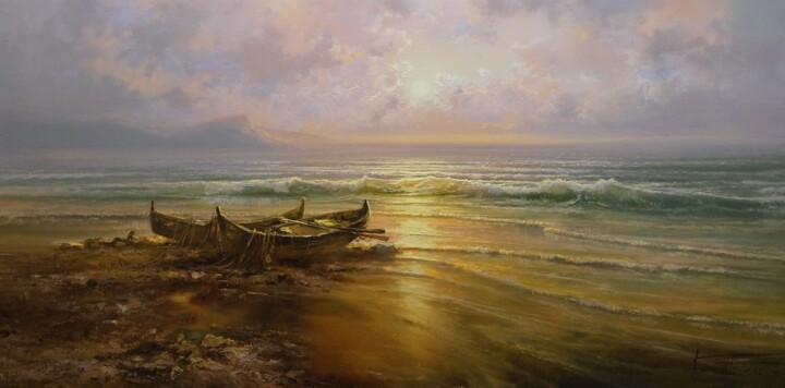 Painting titled "Tranquility at sea…" by Dmitrii Balakhonov, Original Artwork, Oil