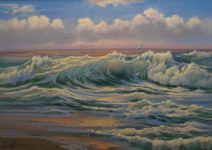 Painting titled "Sea" by Dmitrii Balakhonov, Original Artwork, Oil Mounted on Wood Stretcher frame