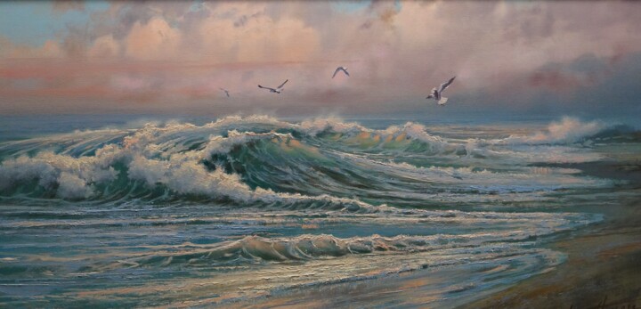 Painting titled "On the sea" by Dmitrii Balakhonov, Original Artwork, Oil Mounted on Wood Stretcher frame