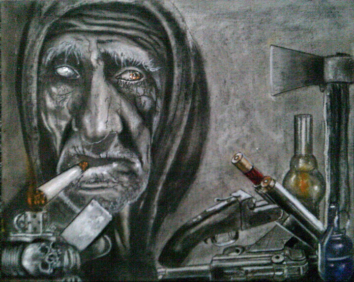 绘画 标题为“Старый бандит. Дела…” 由Дмитрий Илларионов, 原创艺术品, 木炭 安装在木板上