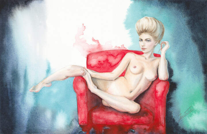 Painting titled "IN THE ARMCHAIR" by Dmitrii Kastalskii, Original Artwork, Watercolor